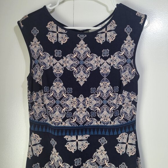 New York & Co Women's SZ S Fit and Flare Print Dress Pockets Navy Sleeveless - Picture 2 of 11